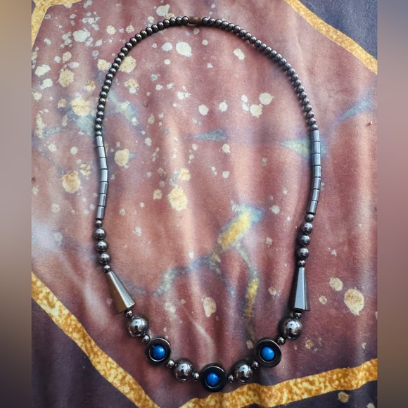 Dark Silver/Chrome and Blue Bead Necklace - Picture 1 of 3